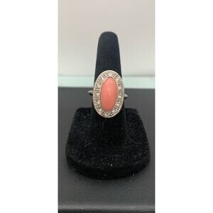 Vintage Avon Silver Toned Rhinestone Pink Oval Cabachon Stone Ring Size 5.5-6.5